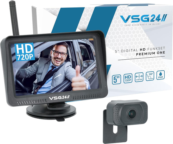 VSG24 5“ HD Funk Rückfahrsystem Premium ONE für PKW, KFZ Set kabellos inkl. Rückfahrkamera + Monitor