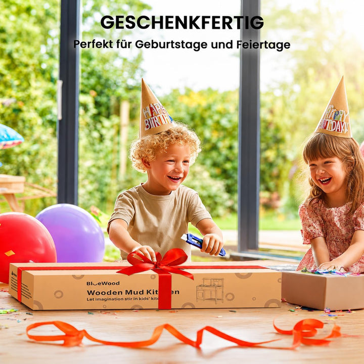 BlueWood Matschküche Kinder Outdoor – FSC Holz Küche mit Wasserhahn, Spielbecken &amp; Stauraum für Gart
