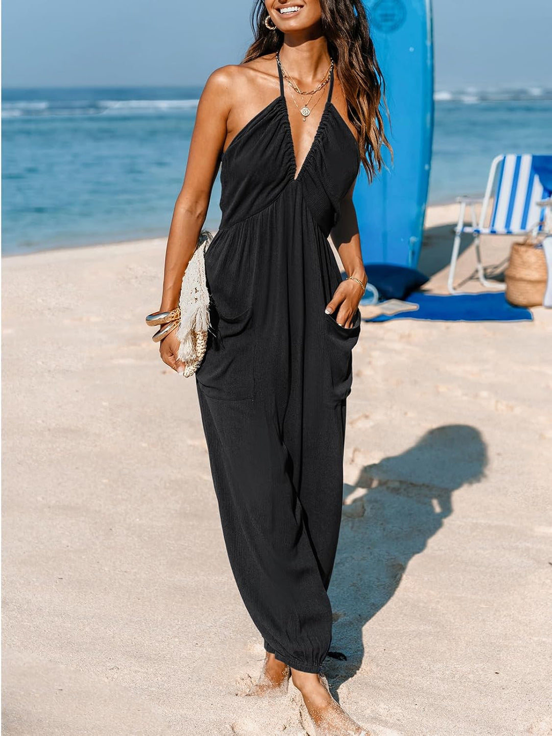 CUPSHE Damen Jumpsuit Neckholder Tiefer V Ausschnitt Rückenfrei Ärmellos Lang Weites Bein Overall Ho