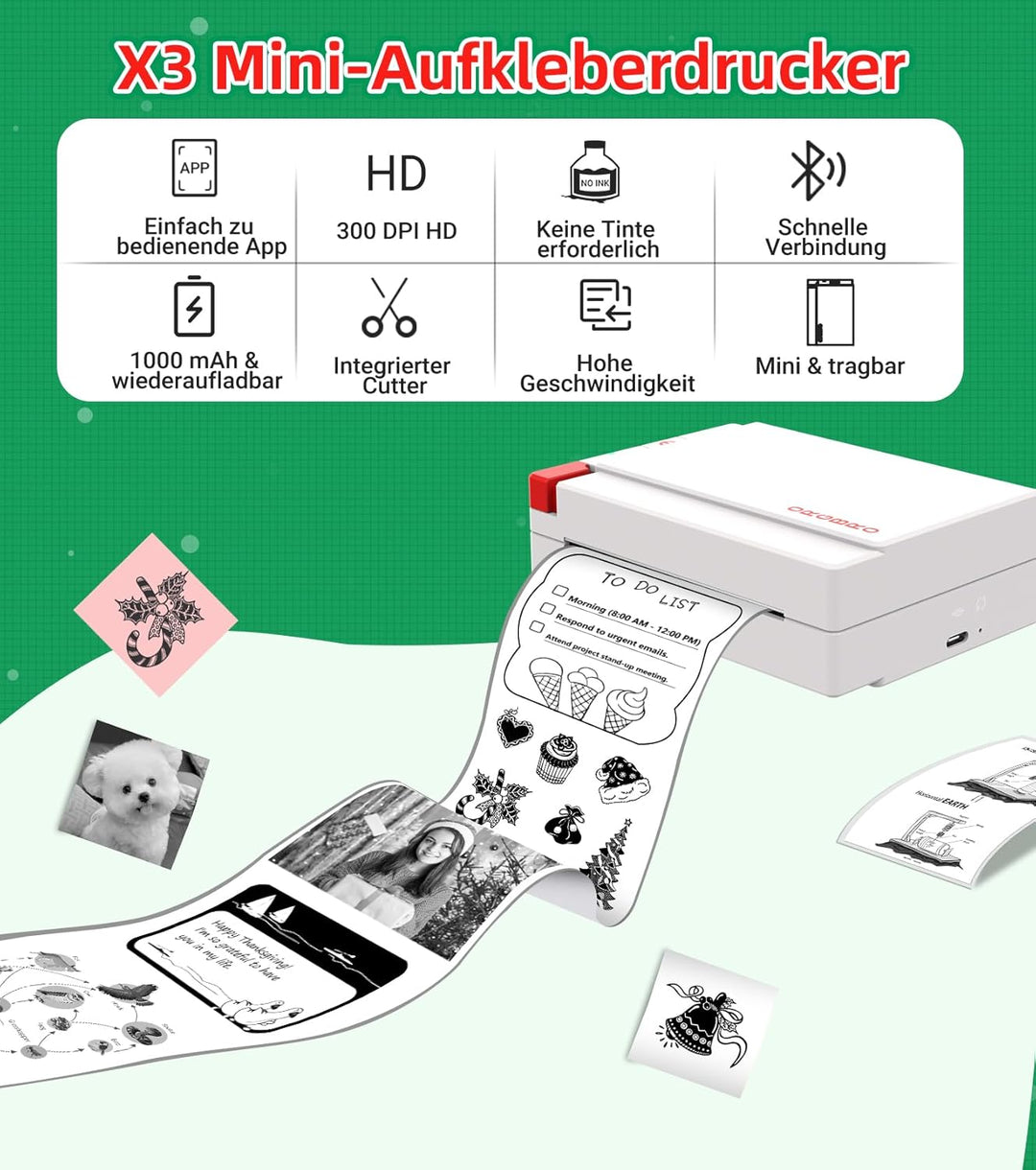 ORGBRO Mini Drucker für Smartphone, X3 Sticker Drucker Bluetooth mit 1 Rolle Aufkleber Papier, 300DP