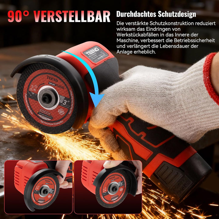 Winkelschleifer TEENO 19.500 U/min – kabellose Schleifmaschine, 76 mm, Komplettset mit 2 Akkus 2000
