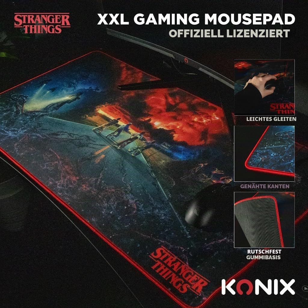 Konix Stranger Things XXL Gaming-Mauspad 90 x 46 cm - rutschfeste Mikrofaser-Oberfläche - Gummi - Me