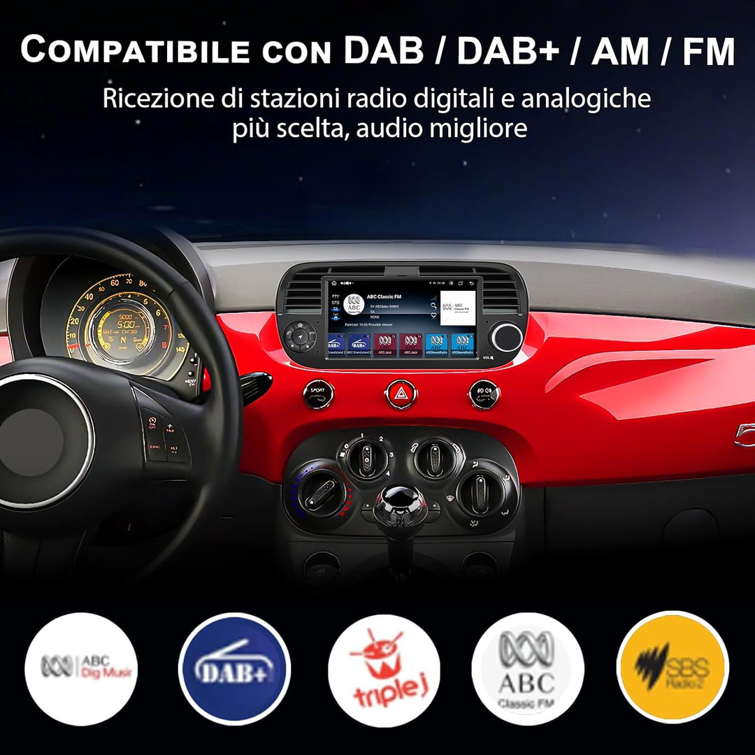 8-Kern 4GB+64GB Autoradio für FIAT 500C 2007–2015, 7" Touchscreen, Navigation GPS, Wireless CarPlay
