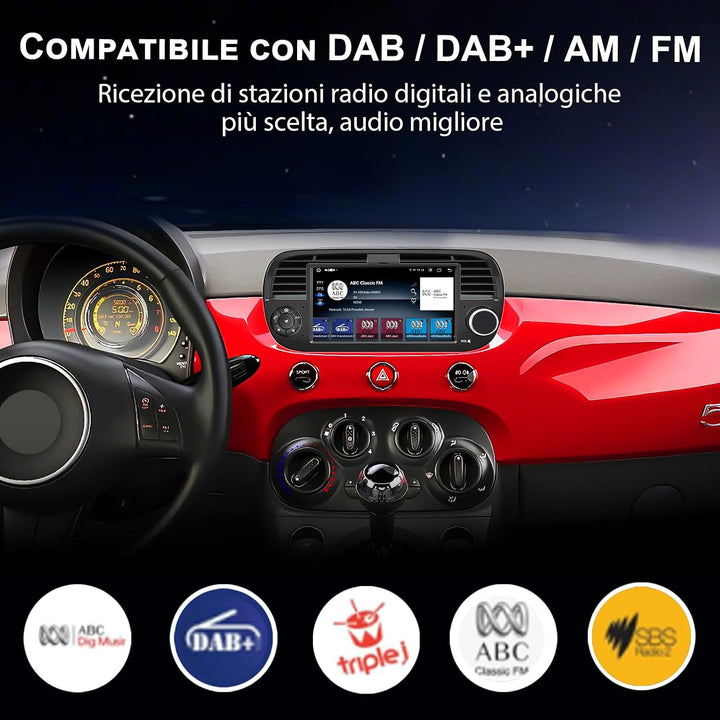 8-Kern 4GB+64GB Autoradio für FIAT 500C 2007–2015, 7" Touchscreen, Navigation GPS, Wireless CarPlay
