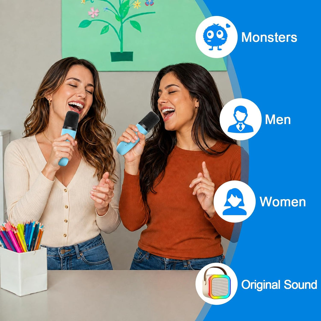 Mini Karaoke Maschine mit 2 Drahtlosen Mikrofonen, Karaoke Maschine Kinder, tragbarer Bluetooth-Laut