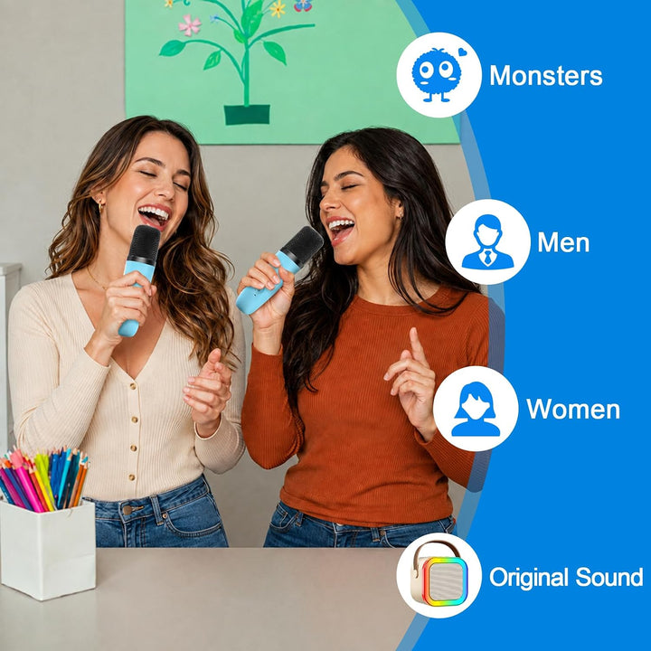 Mini Karaoke Maschine mit 2 Drahtlosen Mikrofonen, Karaoke Maschine Kinder, tragbarer Bluetooth-Laut