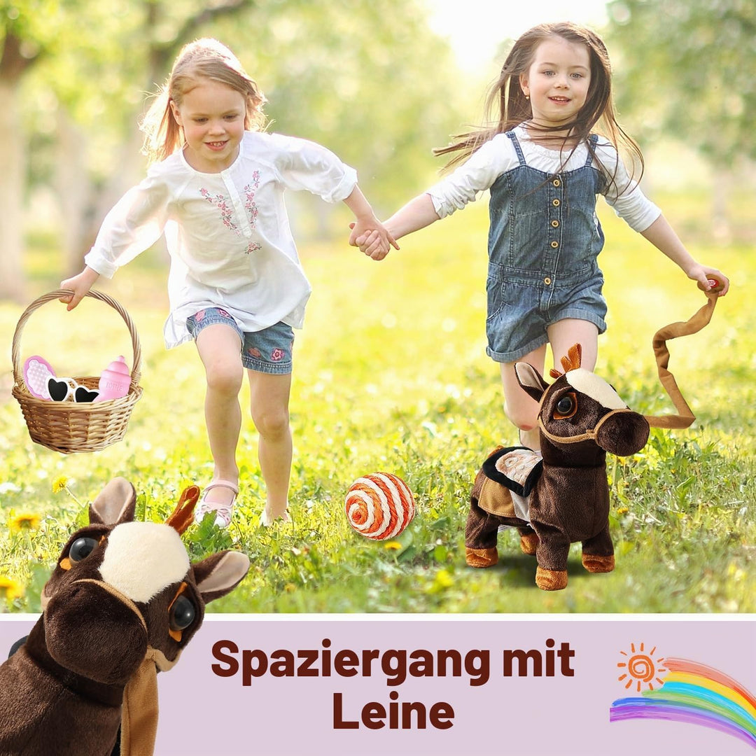 Marsjoy Schwarz Plüschtier Interaktives Spielzeug Pony der Läuft und Bellt, Kinder Mädchen Spielzeug