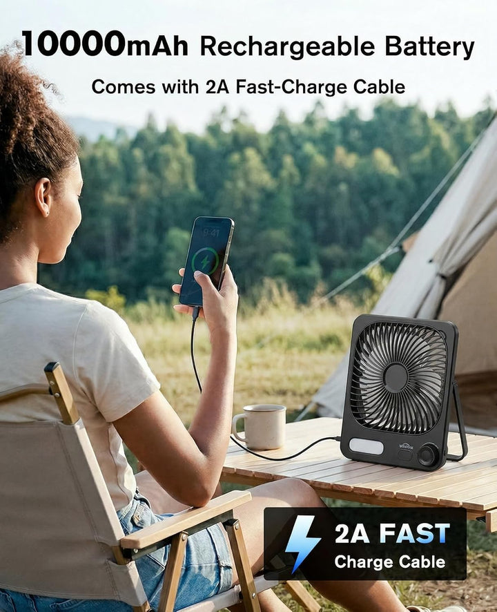 Akku Ventilator: 10000mAh 40H Tischventilator Leise mit 100 Stufen, 15s Auto-Aus LED Display, Reinig