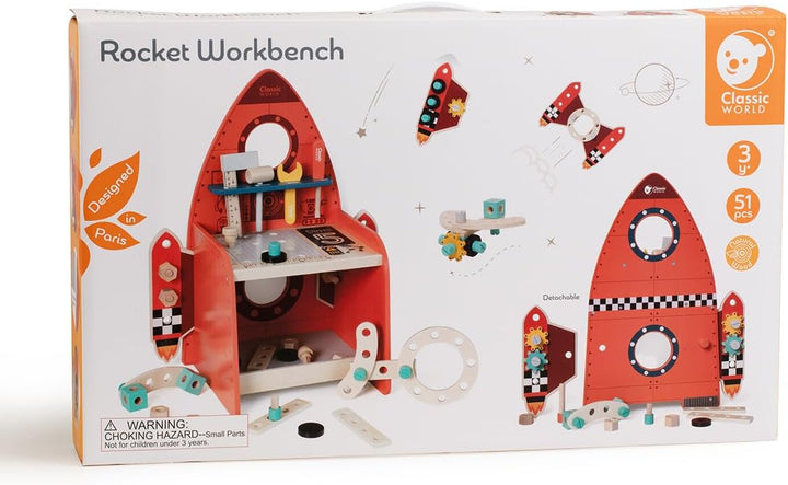 Classic World Werkbank Kinder Rakete ab 3 Jahre | Werkzeugbank mit 51 Teilen | Spieltisch mit Werkze