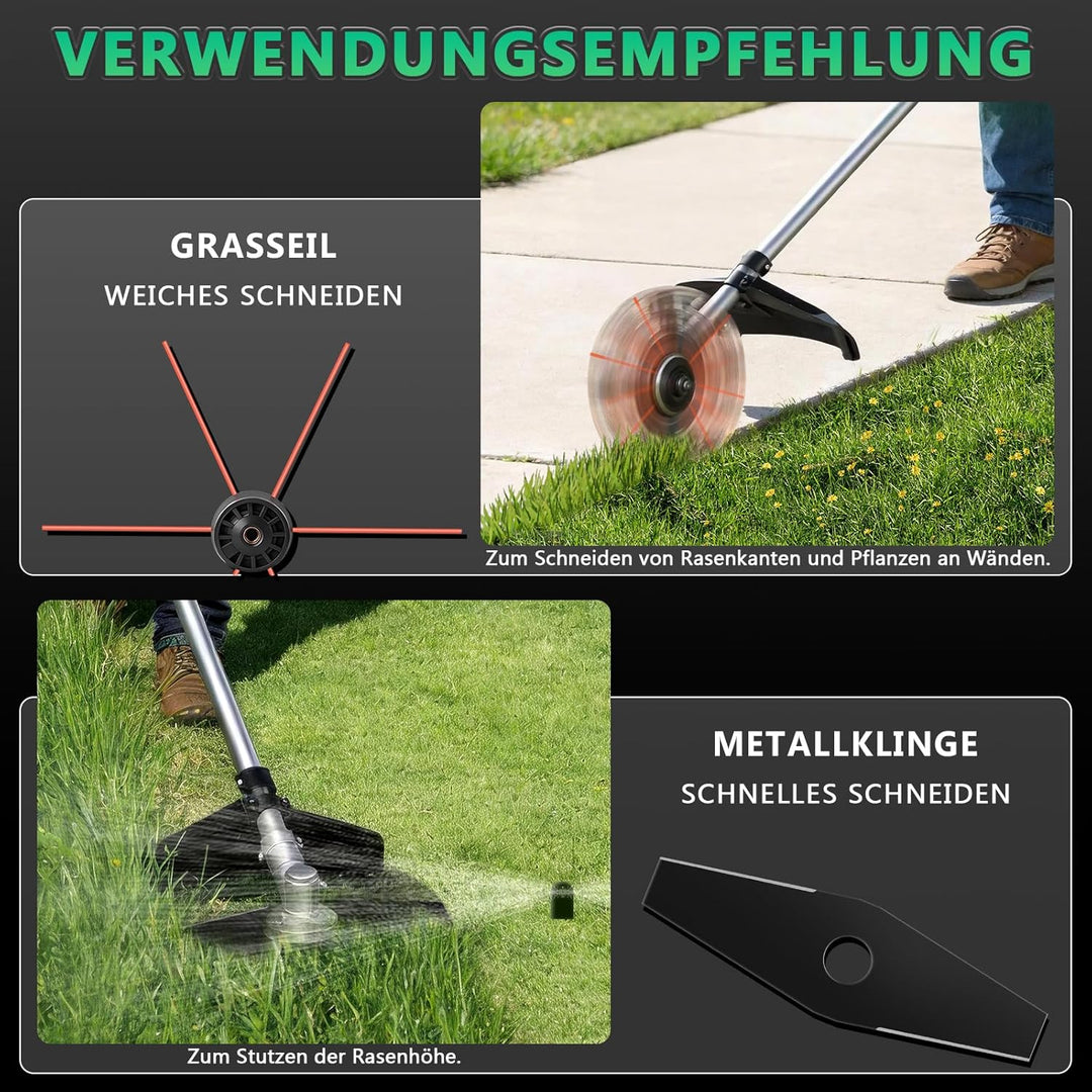 7-IN-1 Akku Rasentrimmer mit 2 x 4Ah Akkus, 1380W Bürstenloser Freischneider Akku mit 7 Klingen und