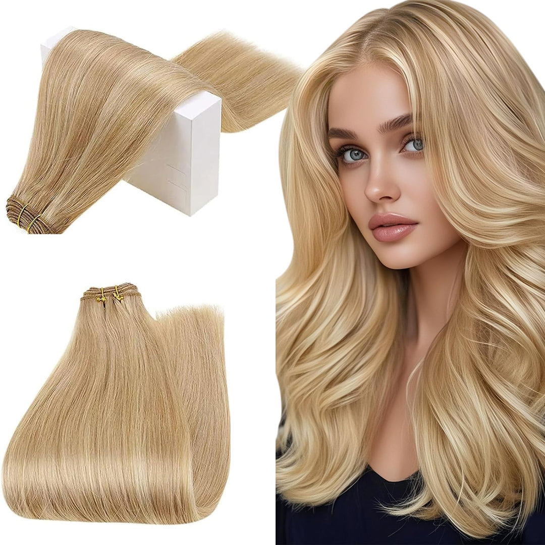 RUNATURE Extensions Echthaar Weft 45cm Goldblond mit Hellblond Haartressen Echthaar Blond Glatt Haar