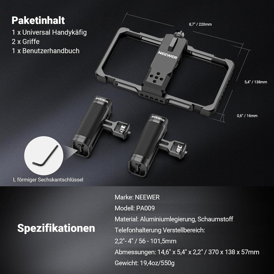 NEEWER Verbesserte Phone Käfig Cage Rig Vlogging Set, Videostabilisator mit doppeltem Griff drahtlos