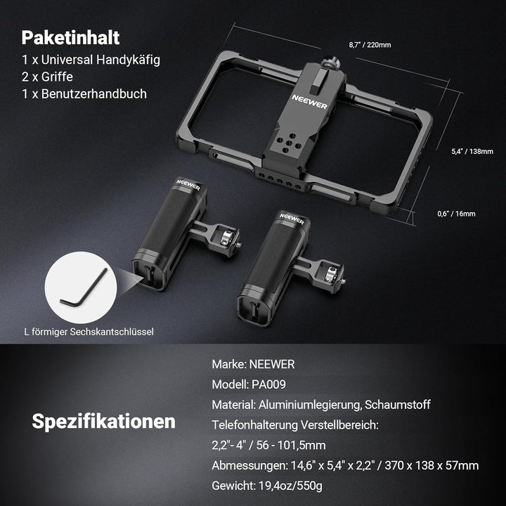 NEEWER Verbesserte Phone Käfig Cage Rig Vlogging Set, Videostabilisator mit doppeltem Griff drahtlos