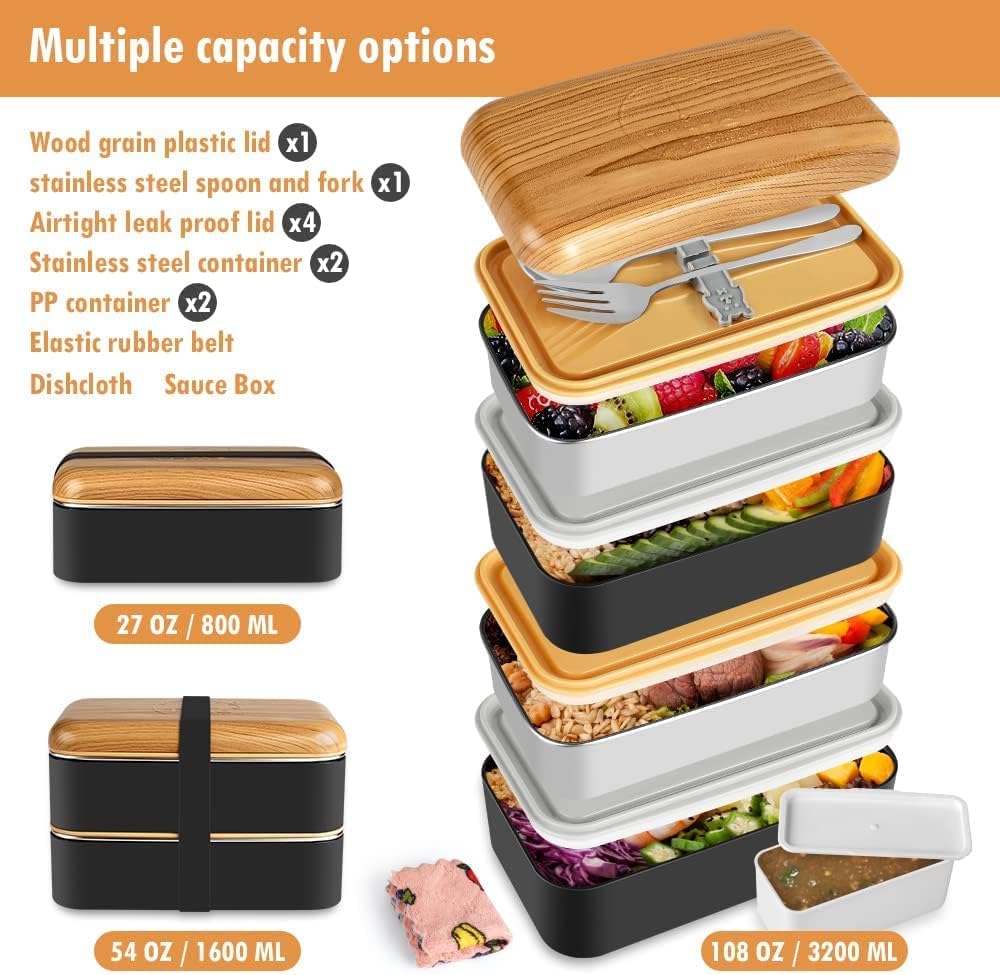 Bento Box im japanischen Stil 2-stufige Lunchbox mit 2 Stück umweltfreundlichem PP-Behälter und Edel