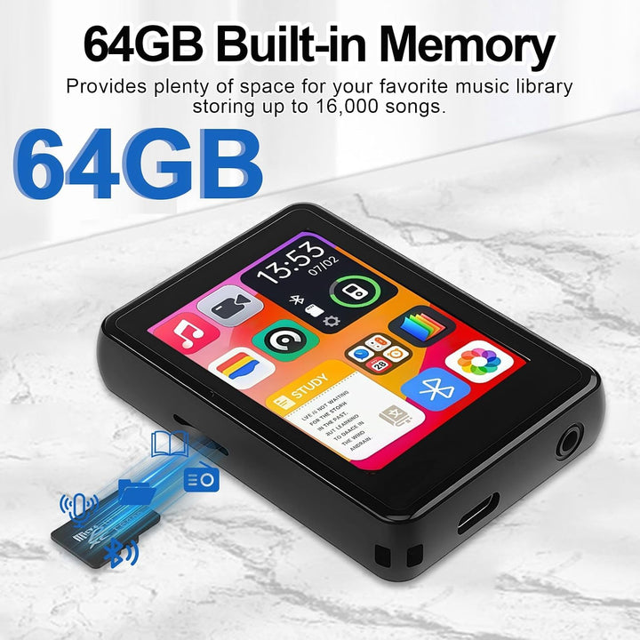 MP4 Player, 64 GB, Bluetooth 5.3, 2,4 Zoll Touchscreen | Tragbarer MP4-Player, Integrierter HD-Lauts