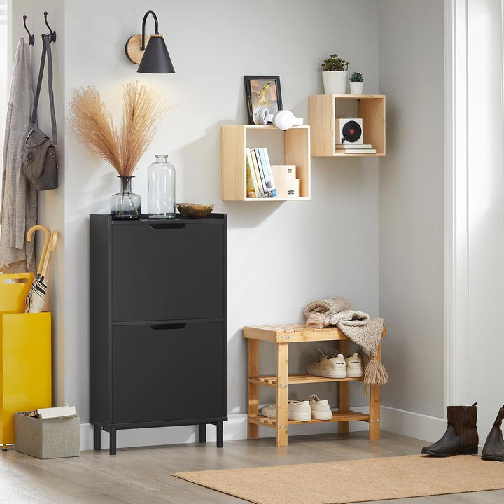 SoBuy Schuhschrank schmal mit 2 Klappen Platzsparender Schuhkipper Hoch Kommode Schuhregal geschloss