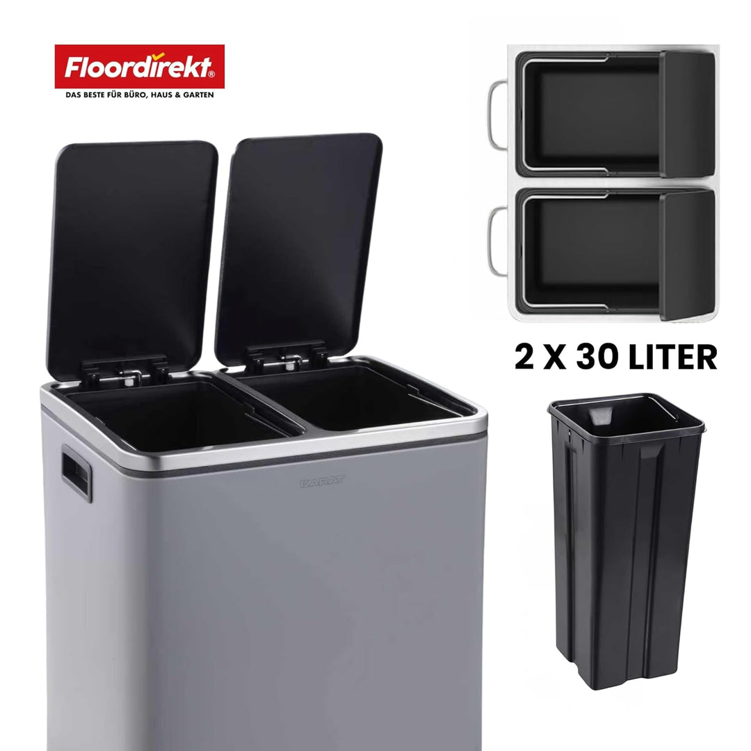 Floordirekt Mülleimer Küche 2×30L Grau | 2-Fach Mülltrennung, Treteimer Küche, Metall, Soft-Close, l