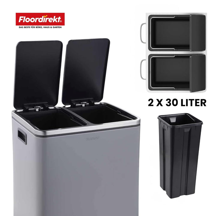 Floordirekt Mülleimer Küche 2×30L Grau | 2-Fach Mülltrennung, Treteimer Küche, Metall, Soft-Close, l