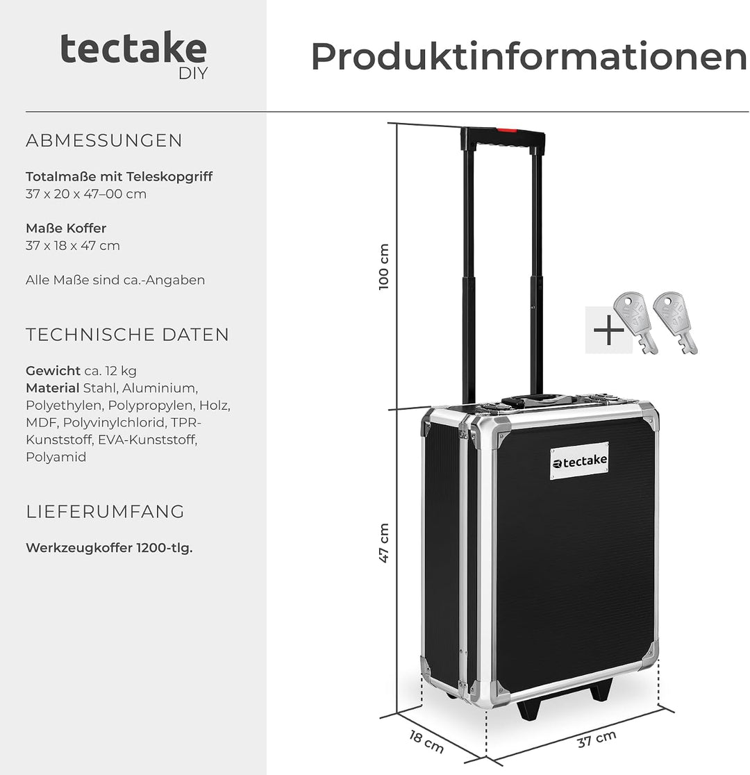 tectake Werkzeugkoffer, Werkzeugset, Werkzeugkoffer gefüllt 1200-teilig, Werkzeugtrolley, Werkzeugki