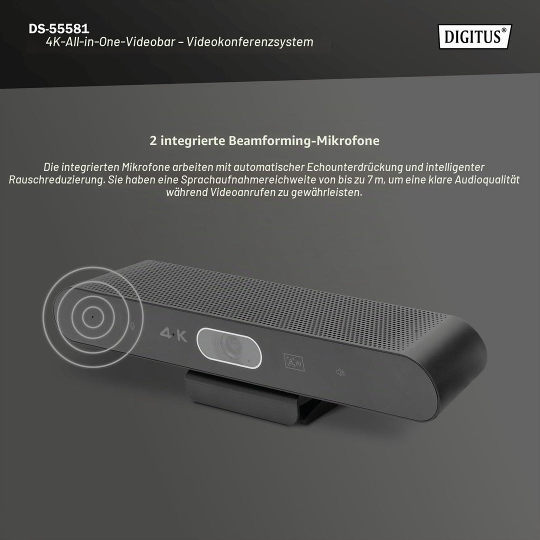 DIGITUS DS-55581 Video Bar Mini, Video-Konferenz-System – 4K UHD 30 Hz ePTZ Webcam Kamera – 2 Intern