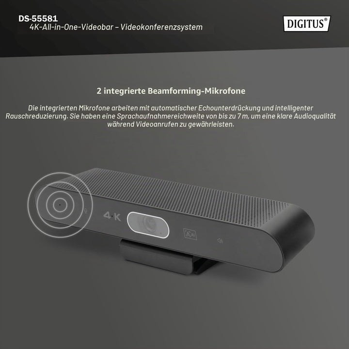 DIGITUS DS-55581 Video Bar Mini, Video-Konferenz-System – 4K UHD 30 Hz ePTZ Webcam Kamera – 2 Intern