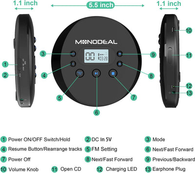 MONODEAL CD Player Tragbar mit FM Transmitter, Kabellose Verbindung mit Autolautsprecher, Tragbarer