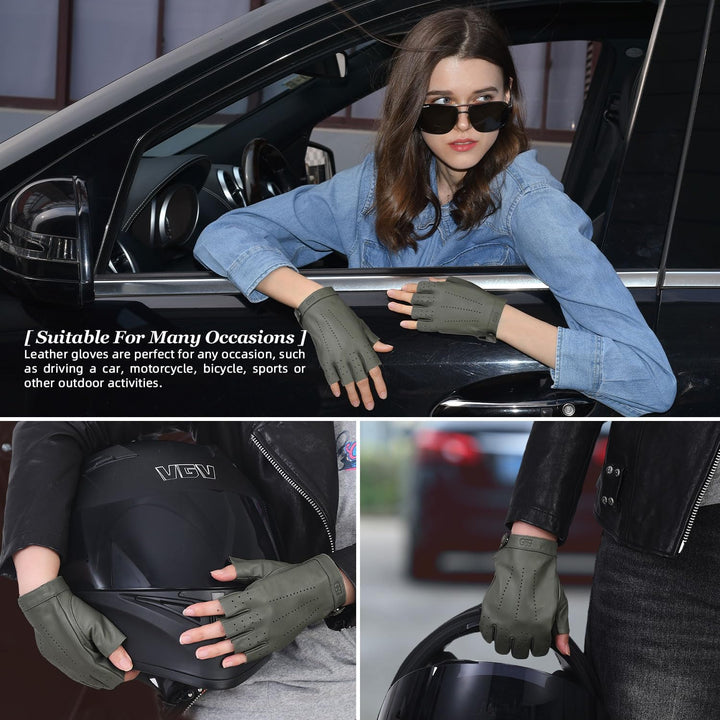 GSG SINCE 1998 Halbfinger Lederhandschuhe Damen – Fingerlose Fahrhandschuhe aus weichem Schafsleder,