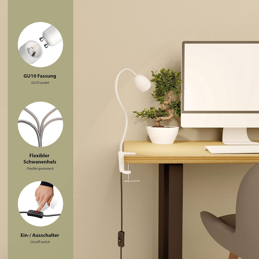 ledscom.de GU10 Klemmlampe KLUK mit Schwanenhals, weiss inkl. GU10, 3-Stufen-dimmbar, warm-weiss, W,