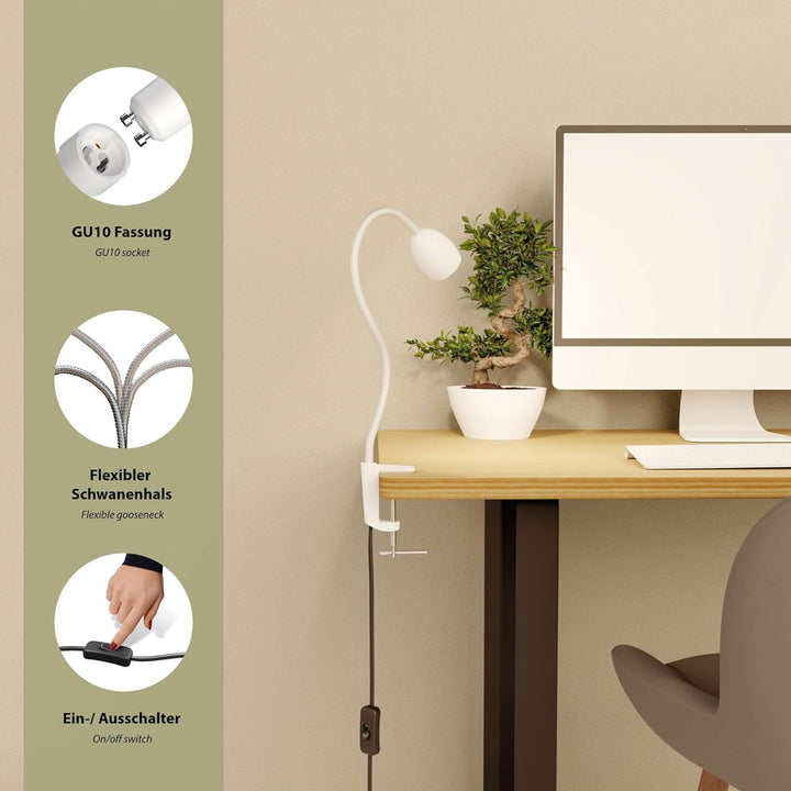 ledscom.de GU10 Klemmlampe KLUK mit Schwanenhals, weiss inkl. GU10, 3-Stufen-dimmbar, warm-weiss, W,