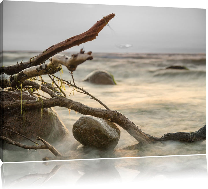 Pixxprint Ruhige See im Nebel als Leinwandbild/Grösse: 100x70 / Wandbild/Kunstdruck/fertig bespannt,