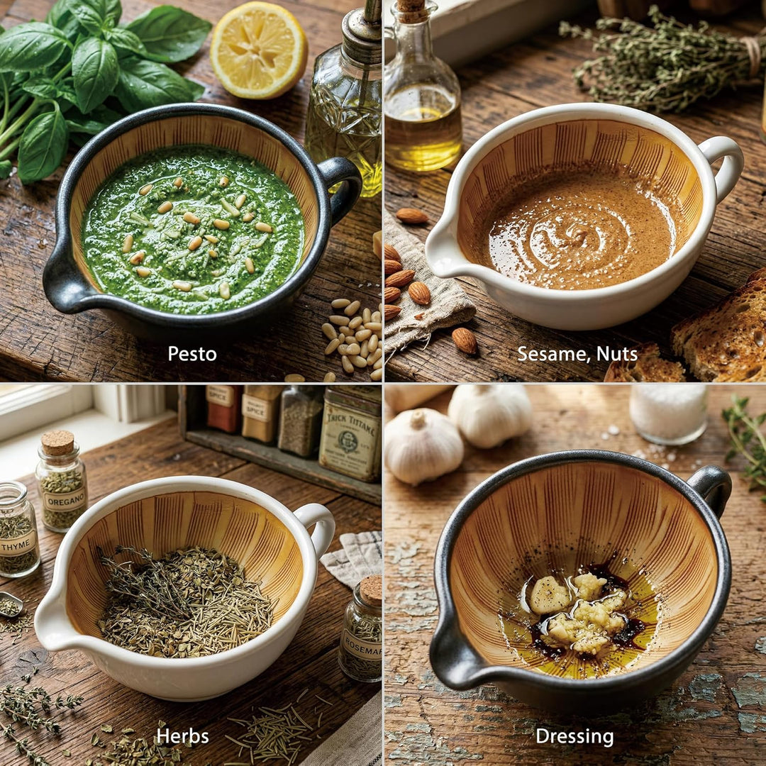 SASUGA Japanisches Suribachi Mörser- &amp; Stössel-Set – Traditionelle Keramik-Reibschale mit Holzstösse