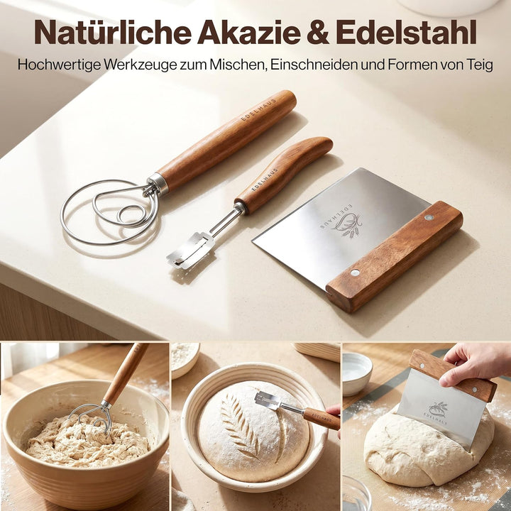 EDELHAUS Gärkörbchen Set 7-teilig zum Brotbacken, komplettes Sauerteig Brotbackset mit Sauerteig Gla