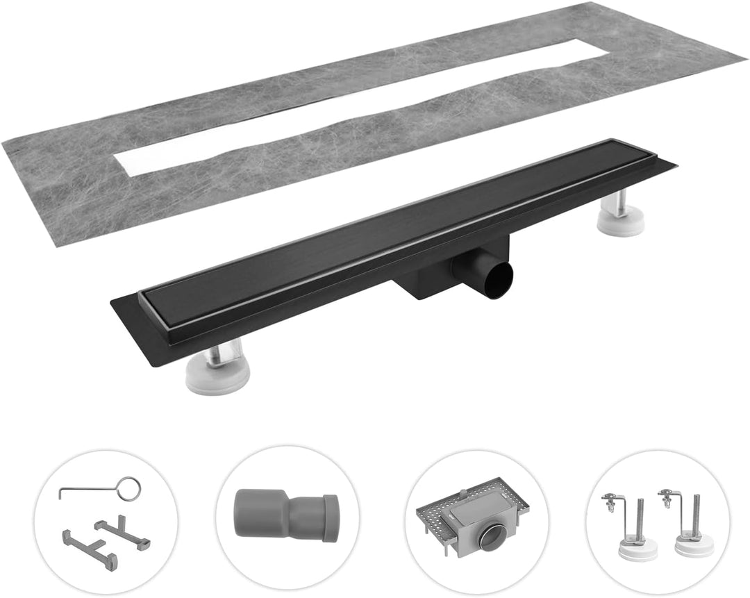 Duschrinne 50 cm, Schwarz Befliesbar Duschrinne extra flach, Edelstahl Bodenablauf Komplettset mit S