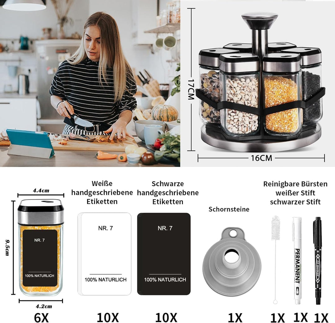 SIAZIH 360° Gewürzkarussell Drehbar, Gewürze Organizer mit 6 x 120ml Gewürzgläser, 360° Grössenverst