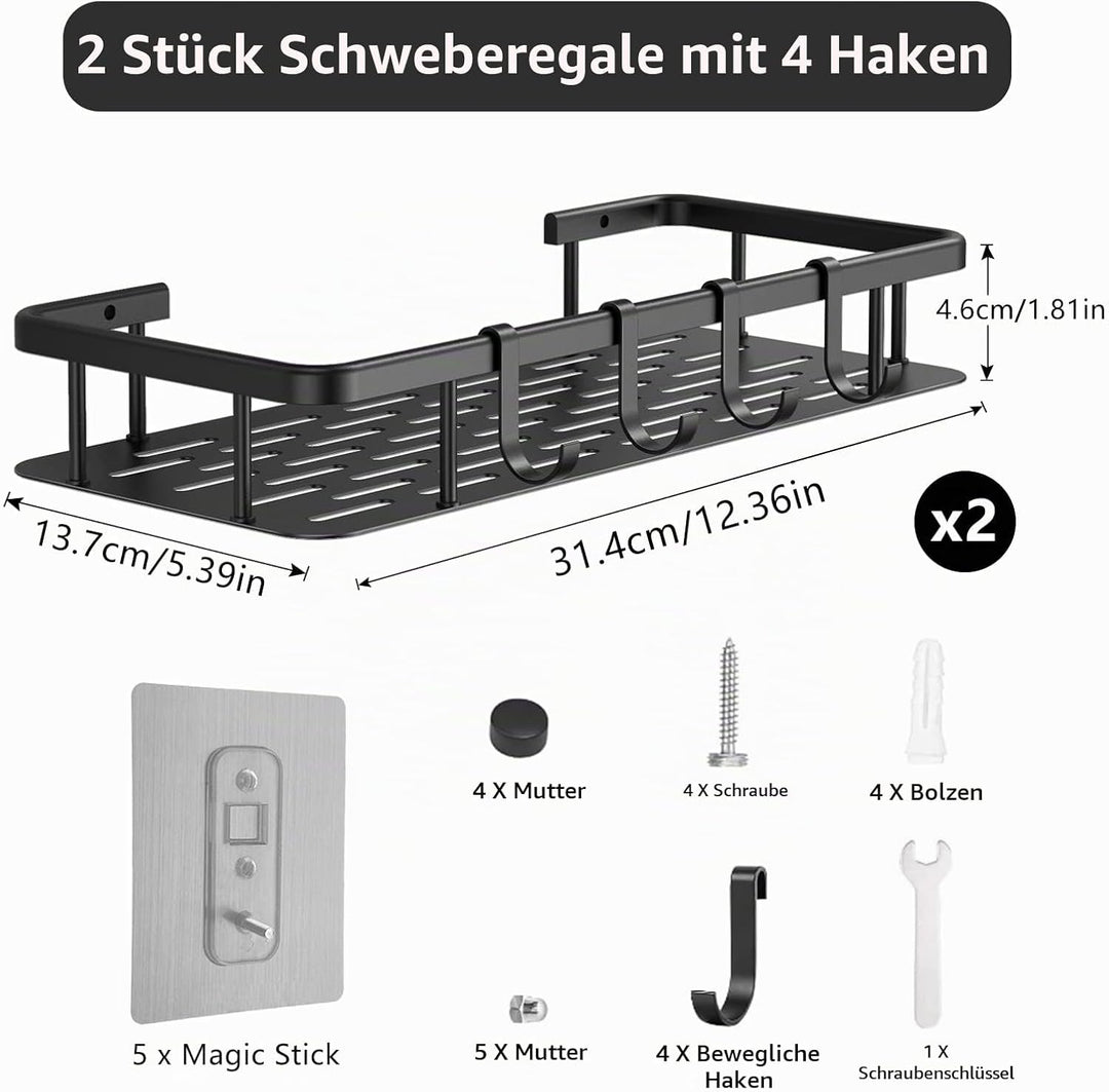 Withosent Duschablage Ohne Bohren, 2 Stück Duschregal Schwarz Aluminium, Duschkorb Selbstklebend mit