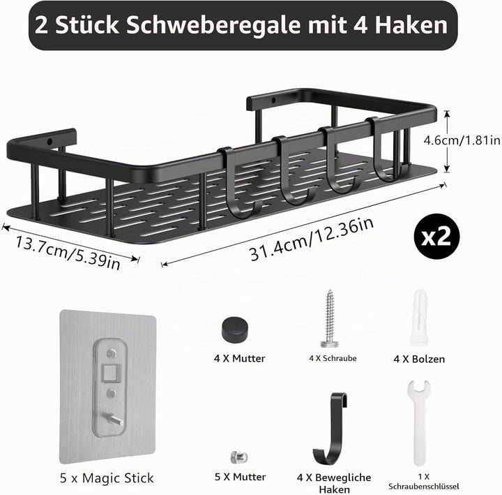 Withosent Duschablage Ohne Bohren, 2 Stück Duschregal Schwarz Aluminium, Duschkorb Selbstklebend mit