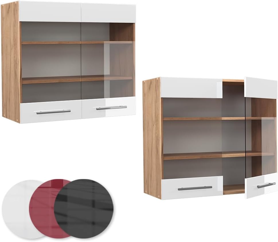 Vicco Küchenschrank Glas Fame-Line, Weiss Hochglanz/Goldkraft Eiche, 80 cm Hängeglasschrank 80 cm We