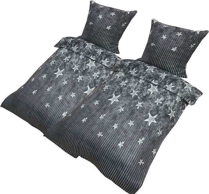 Leonado Vicenti Fleece Bettwäsche 155x220 cm 4 TLG Galaxy Sterne Anthrazit Grau Gestreift Warme Wint