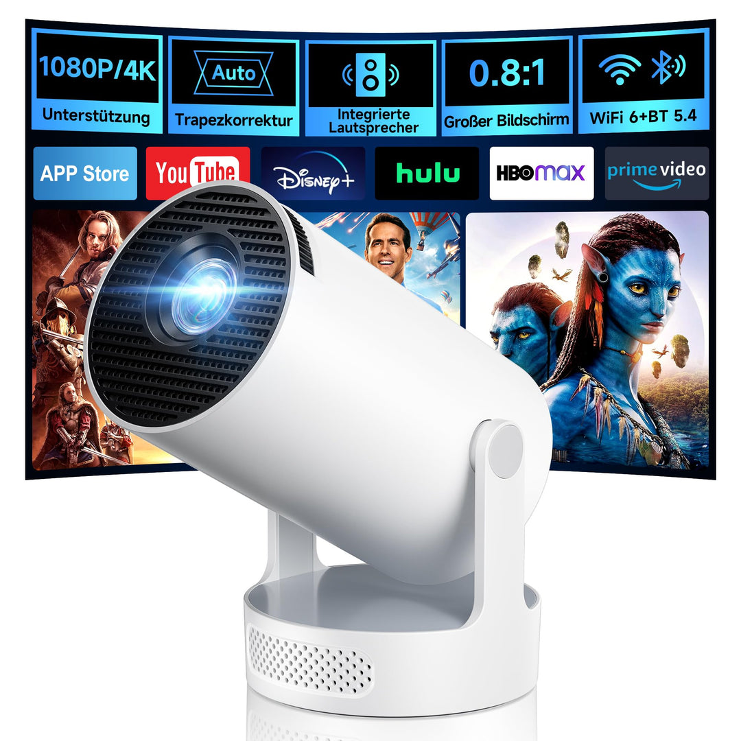 Mini Beamer, Philoent Smart Projektor 4K/1080P Unterstützt Neueste Apps WiFi 6 Bluetooth 5.4 Auto Sc