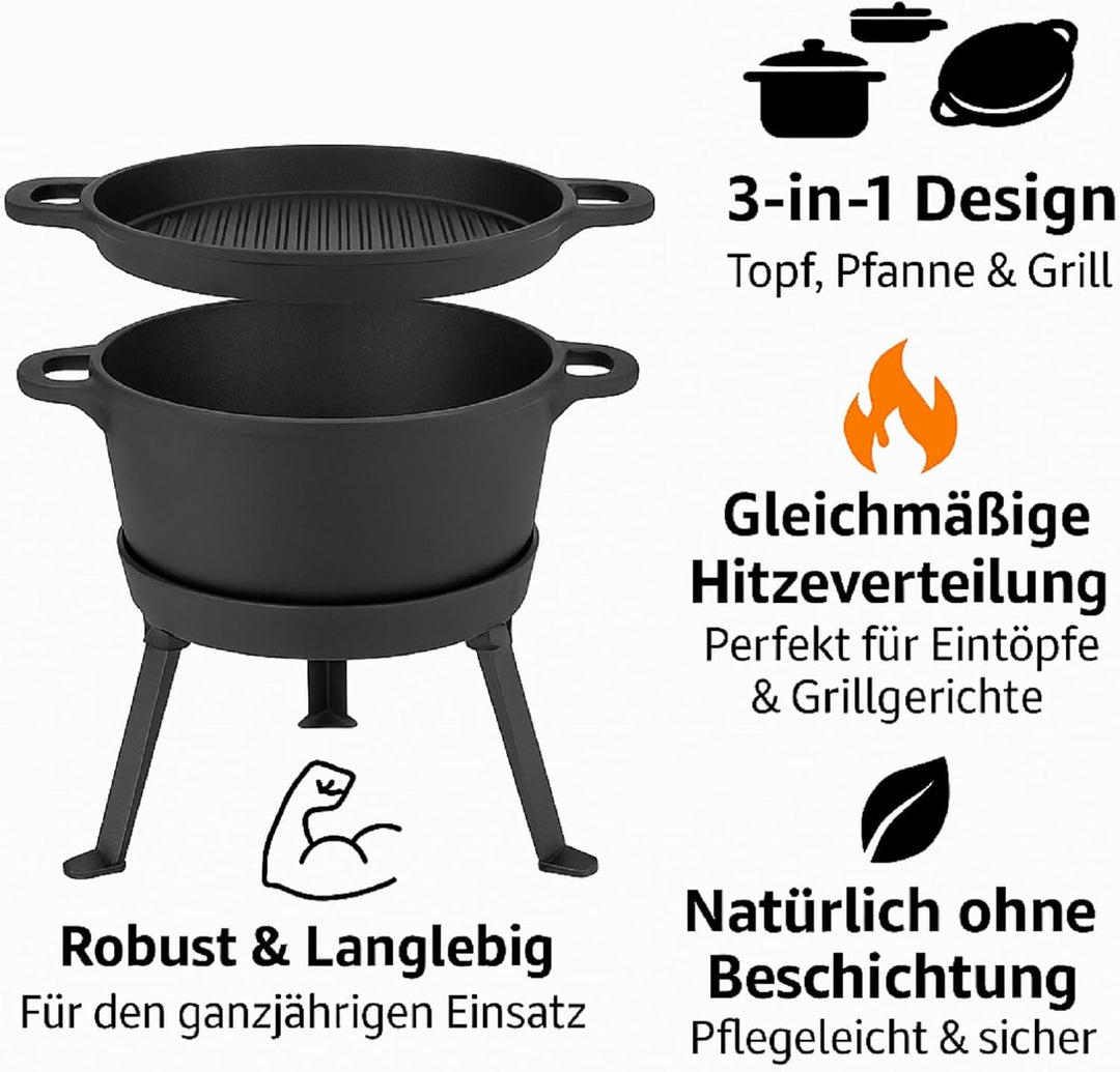 QLS Gusseisen Kessel 10 L Grill, Topf & Bratpfanne 3in1 – Schwerer Dutch Oven mit Deckel, abnehmbare