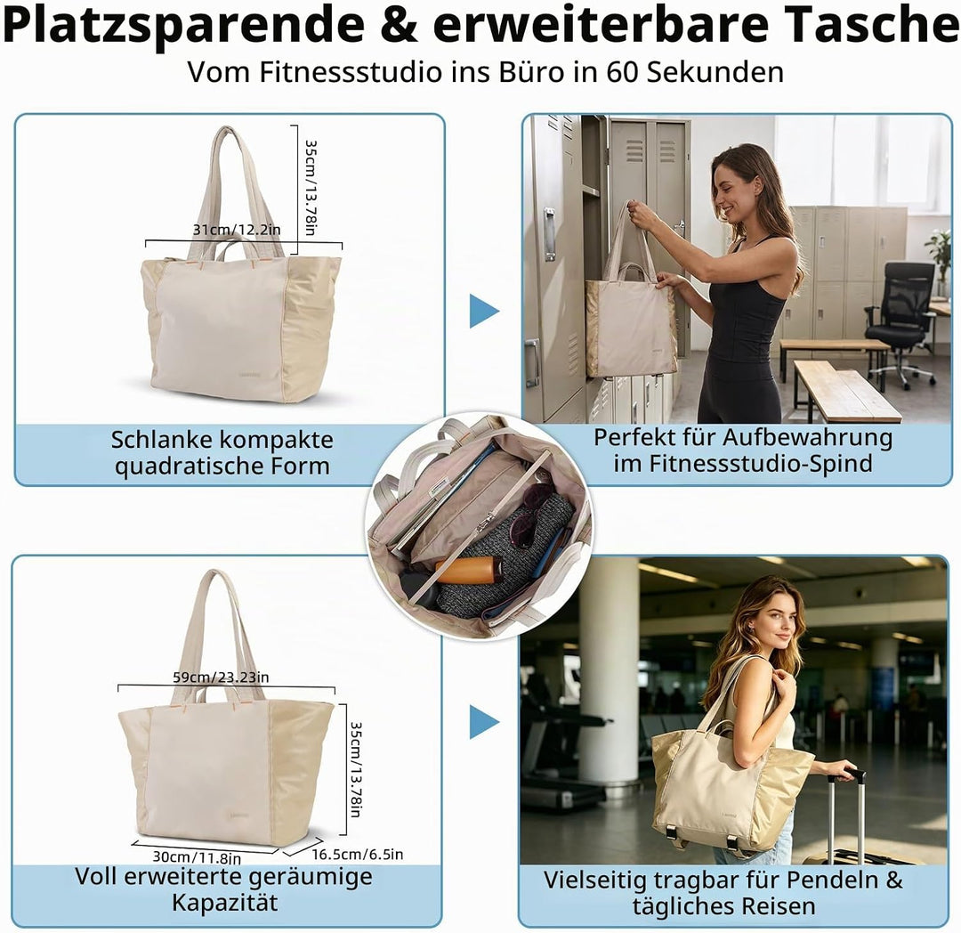 Leichte geräumige Tote Bag für Damen, 25L erweiterbare Reise- &amp; Arbeitstasche mit Tabletfach, Sportt