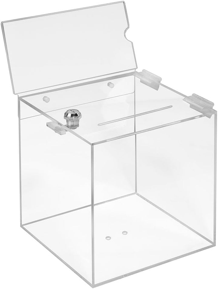 Losbox aus Acrylglas in 200x200x200mm mit Schloss und Topschild DIN Lang Quer - Zeigis® / Spendenbox
