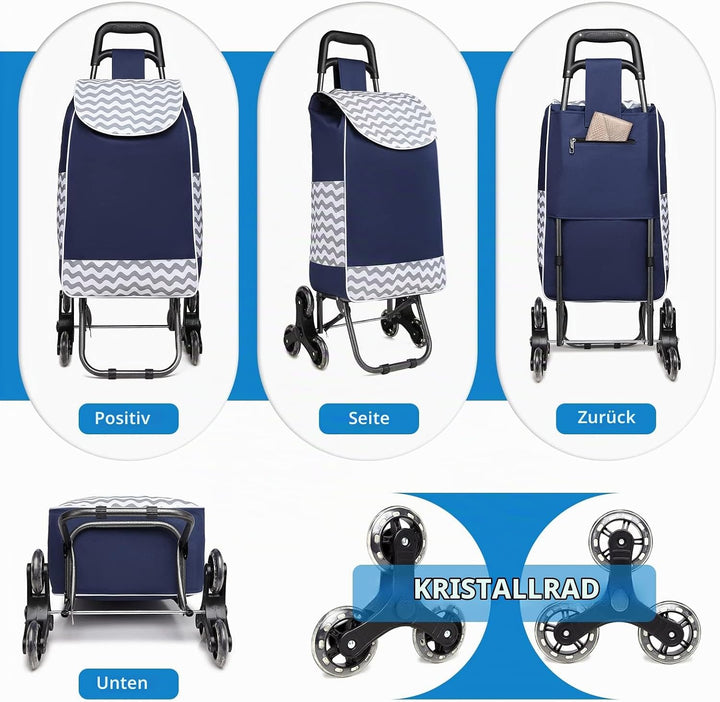 Kono Einkaufstrolley Klappbar Einkaufswagen Stabiler 2 in 1 Multifunktional Treppensteigwagen mit 3