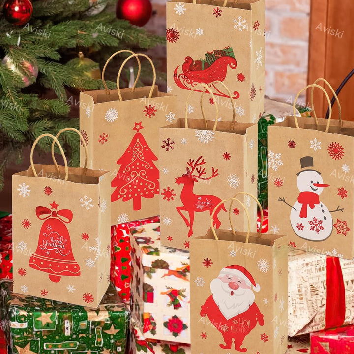 24 Stück Weihnachtskraft Geschenktüten Weihnachtspapiertüten mit Griffen Weihnachtstüten mit Weihnac