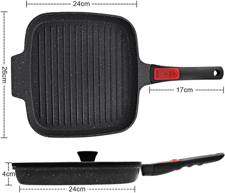 Grillpfanne Induktion mit Abnehmbarer Griff, 26 x 24 cm Steakpfanne mit Deckel Antihaft Beschichtet