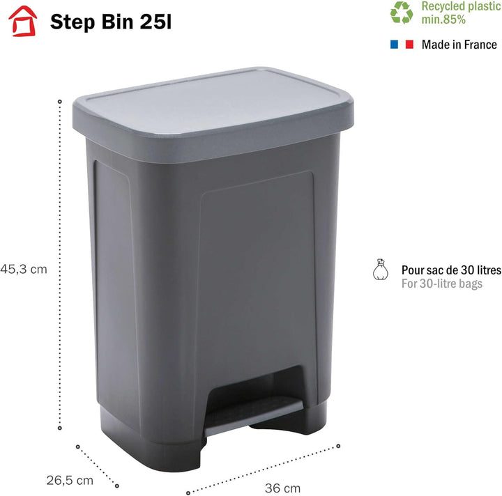 SUNDIS Step Bin, Mülleimer 25l mit Pedal und Deckel, aus recyceltem Kunststoff, rechteckig, schwarz