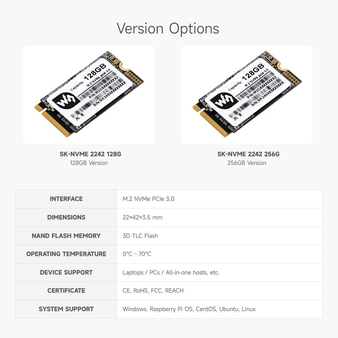 Waveshare SK M2 NVME 2242 128GB Solid State Drive, 3D TLC Flash Memory, High-Speed Reading/Writing C