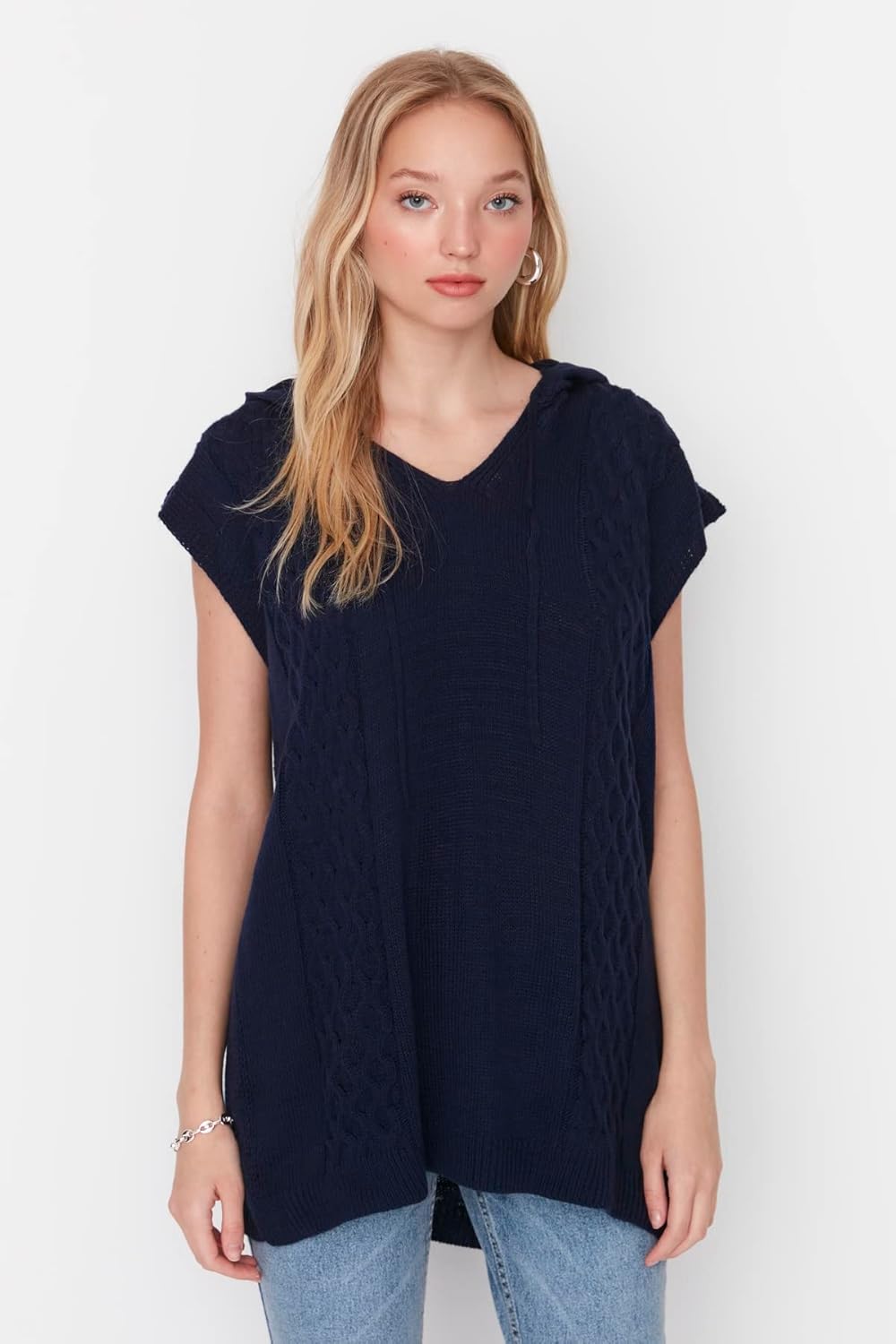 TRENDYOL Damen V-Ausschnitt Unifarben Regular Strickweste Sweater S Navy Blue, S Navy Blue