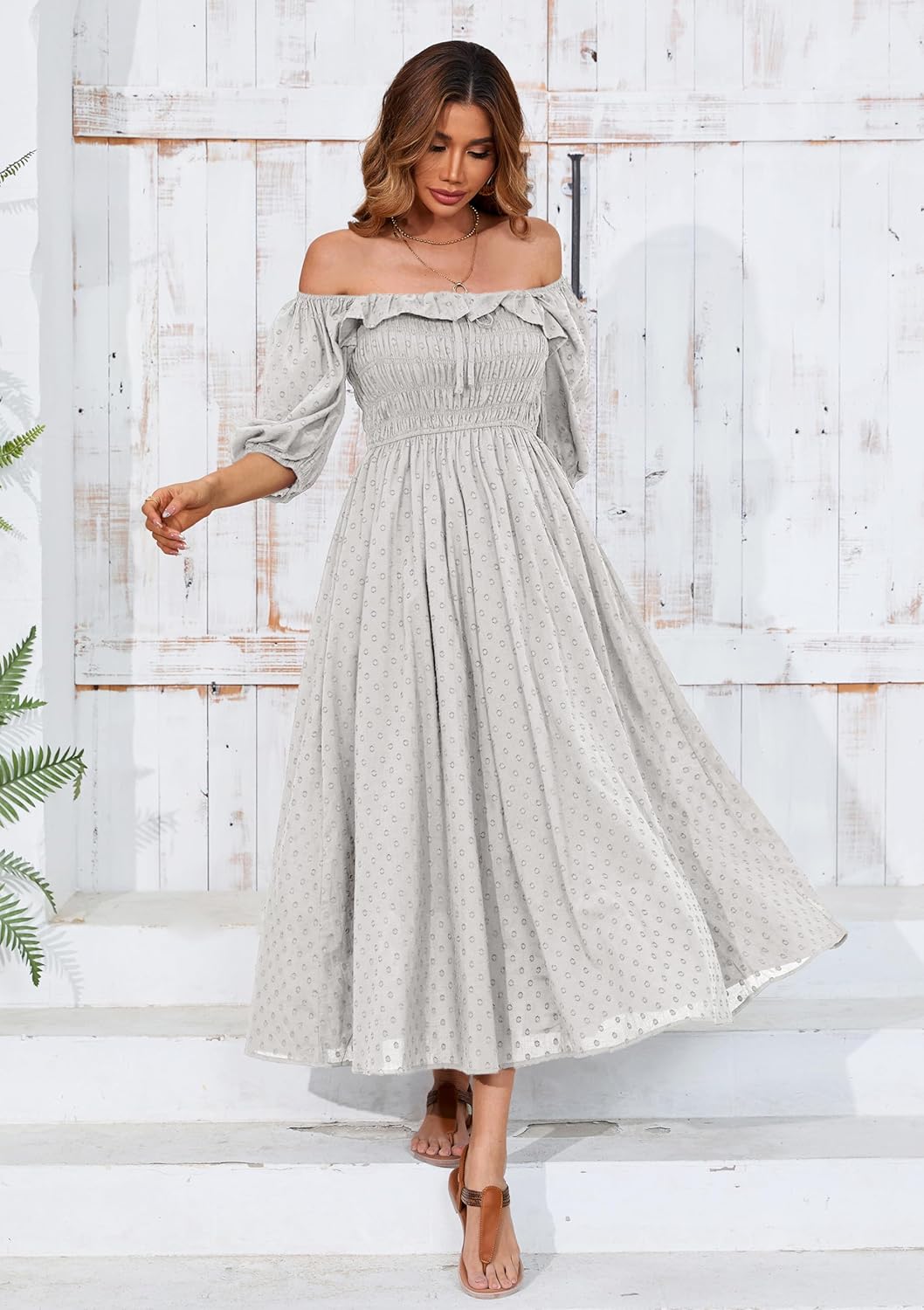 R.Vivimos Damen Polka Dot Slim Fit halbe Hülsenkleider Quadratischer Kragen Langes Midikleid M Grau,