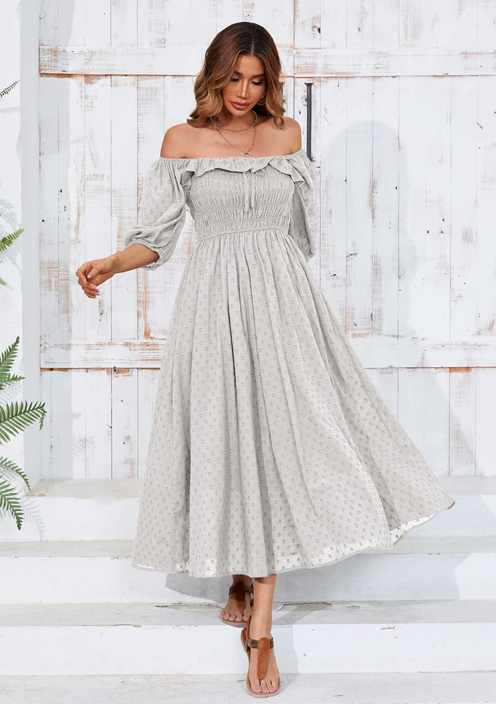 R.Vivimos Damen Polka Dot Slim Fit halbe Hülsenkleider Quadratischer Kragen Langes Midikleid M Grau,